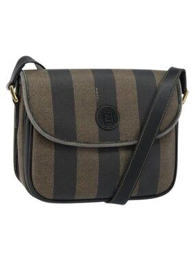 Authentic FENDI Pecan Canvas Shoulder Bag PVC Black Brown gold